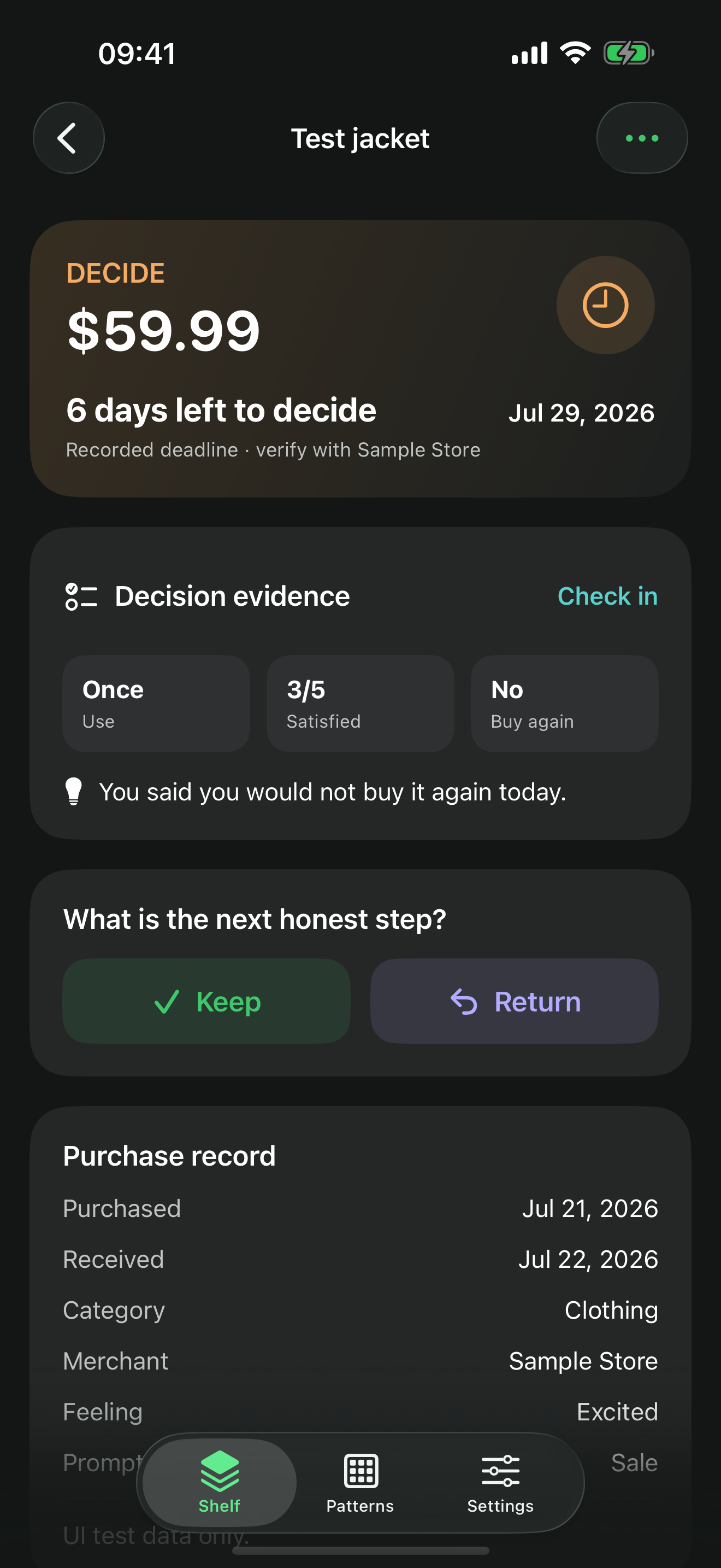 KeepCheck decision evidence showing use, satisfaction, and buy-again answer