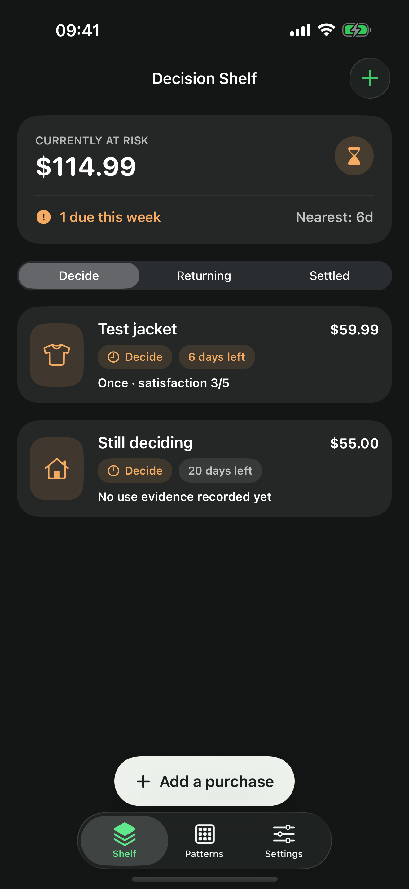 KeepCheck Decision Shelf sorting purchases by return urgency